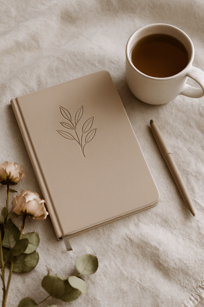 “A peaceful morning scene with a warm cup of tea beside an open planner on a light wooden table, softly lit by natural window light—capturing the calm of slowing down.”