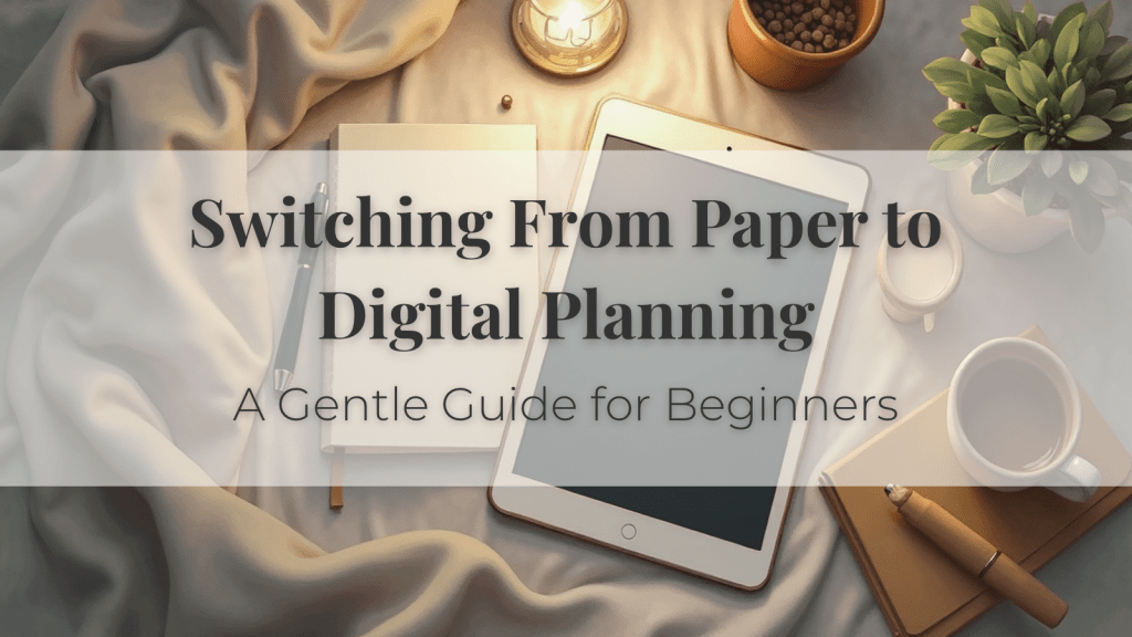 Tablet with digital planner open beside a paper notebook on a wooden desk, showing the shift from paper to digital.